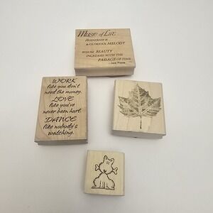 Rubber Stamp Lot Wood Mounted Quotes Leaf Dog Crafting Stamps Set